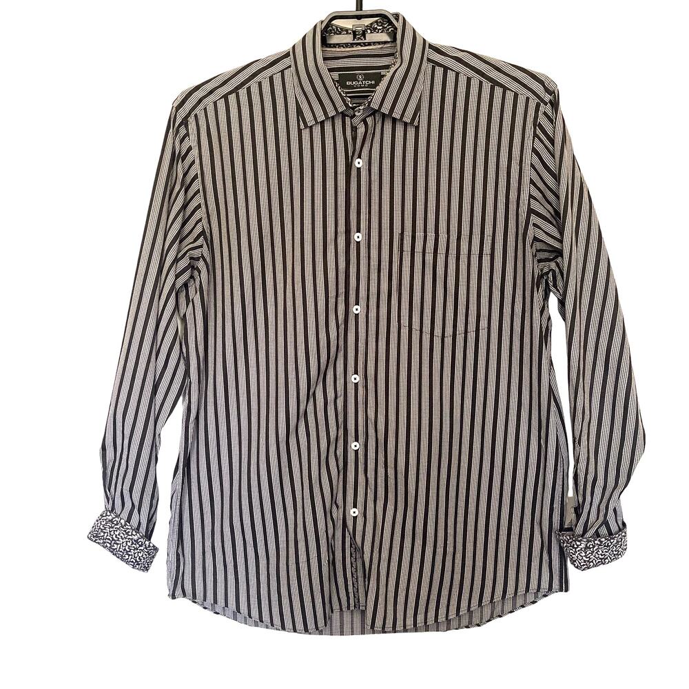 Bugatchi Uomo GIngham Stripe Button Up Mens Shirt XL Preppy Contrast Cuff Office